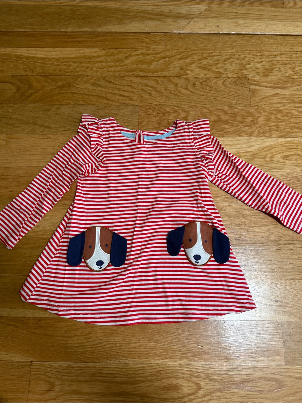 Mini Boden 3-4Y Red & White Striped Kids Dress with Puppy Pocket Appliqués